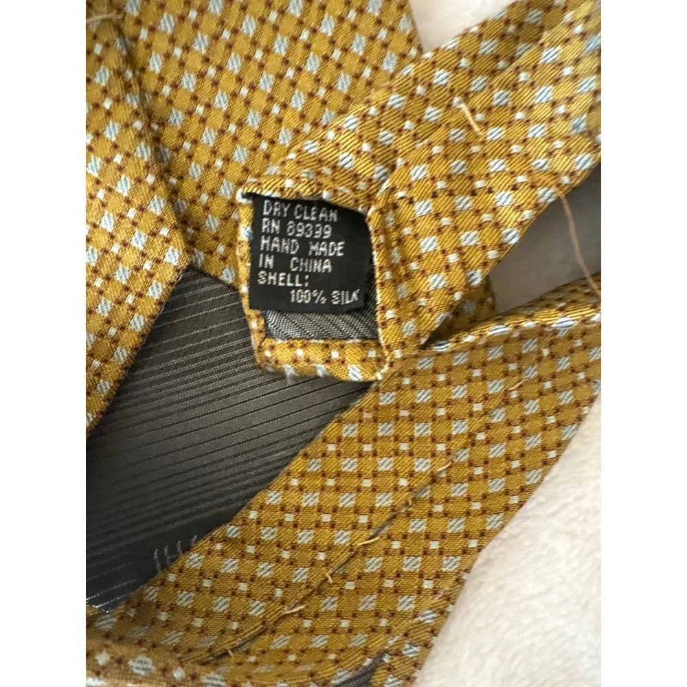 Jhane‎ Barnes Mens Silk Tie Mustard Gold Blue Geometric Diamond Woven Necktie